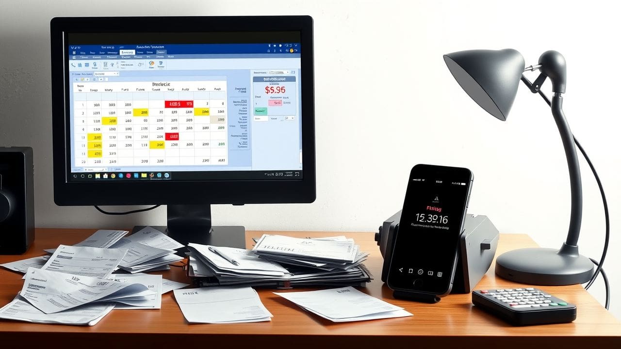 Een rommelig kantoorbureau met facturen en financiële software.