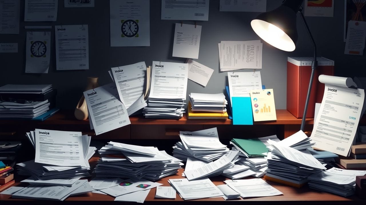Een rommelig kantoorbureau met financiële documenten en betalingsherinneringen.