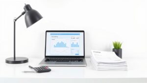 Een opgeruimd kantoorbureau met laptop, rekenmachine en facturen.