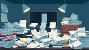 Een rommelig bureau met stapels rekeningen en facturen.
