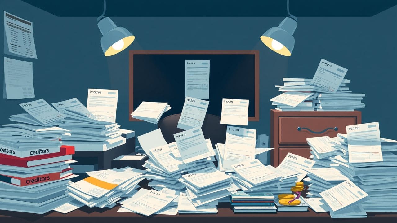 Een rommelig bureau met stapels rekeningen en facturen.