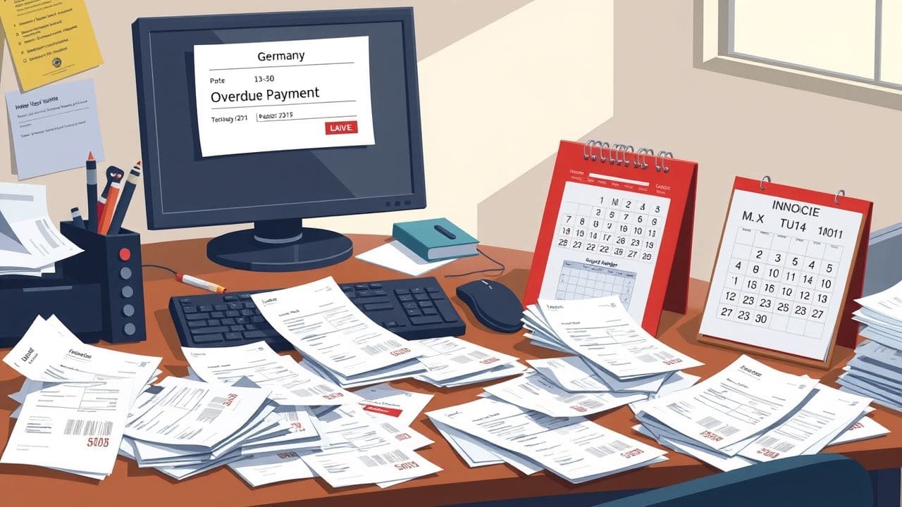 Een rommelig kantoor met onbetaalde facturen en financiële urgentie.