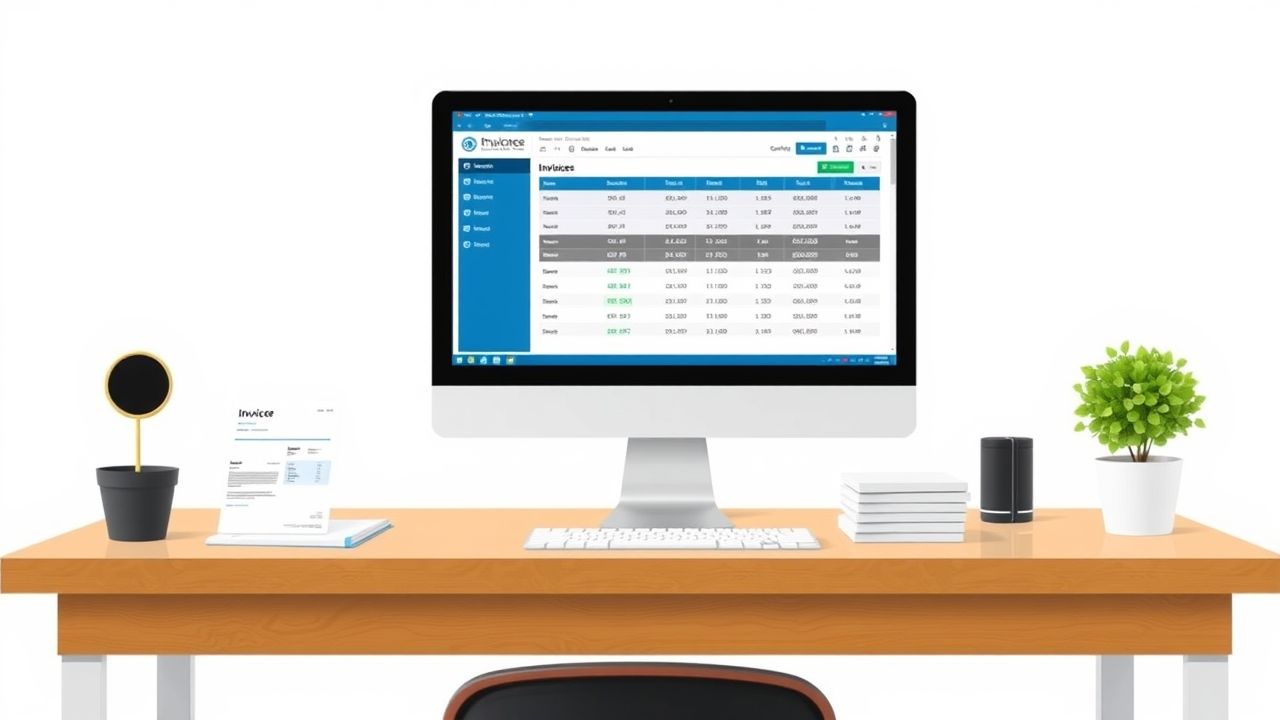 Een plat ontwerp van een kantoor bureau met financiële software en facturen.