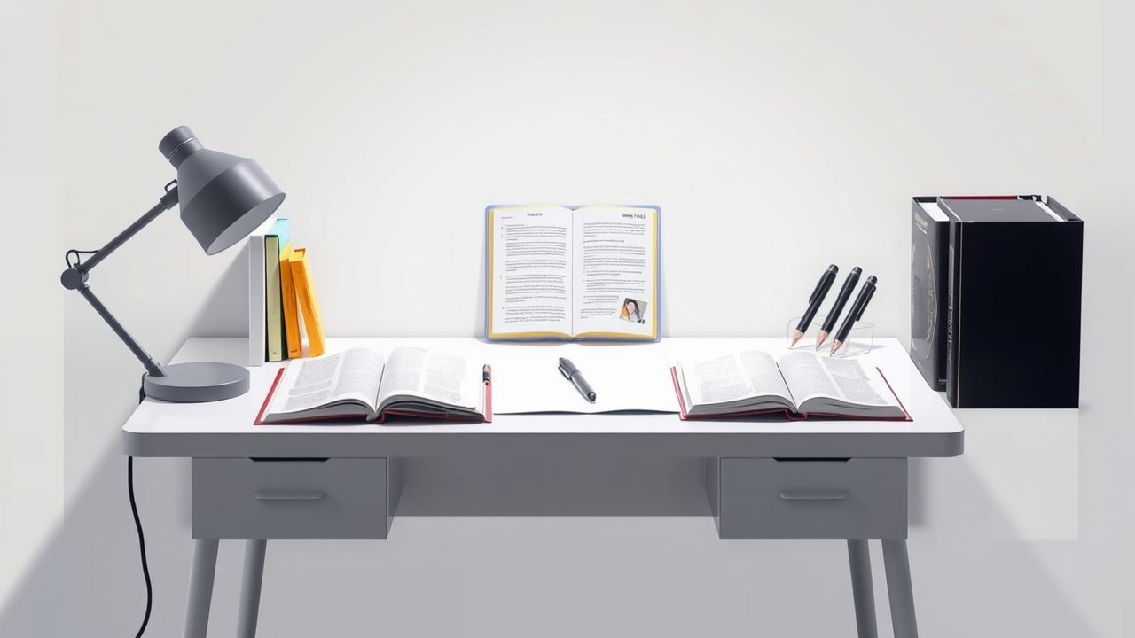Een bureau gevuld met Franse taal leermaterialen in een platte designstijl.