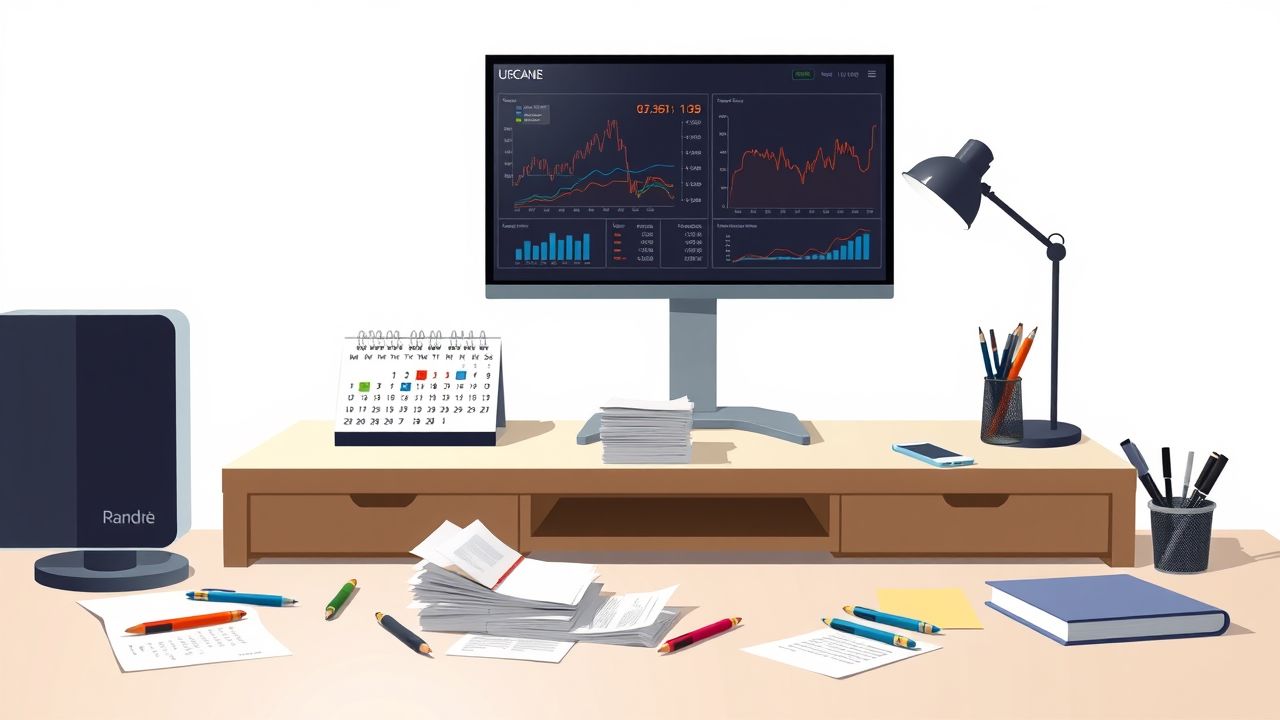Een rommelig bureau met onbetaalde rekeningen, kalender en financiële grafieken.