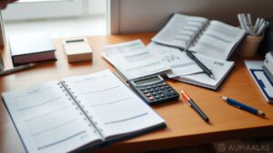Een opgeruimd kantoorbureau met rekenmachine, stapel rekeningen en open planner.