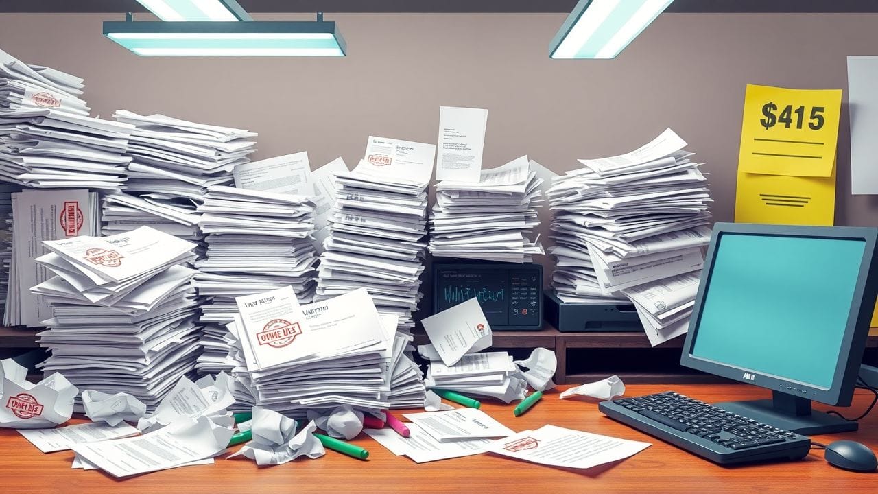 Een rommelig bureau bedekt met onbetaalde rekeningen en financiële stress.