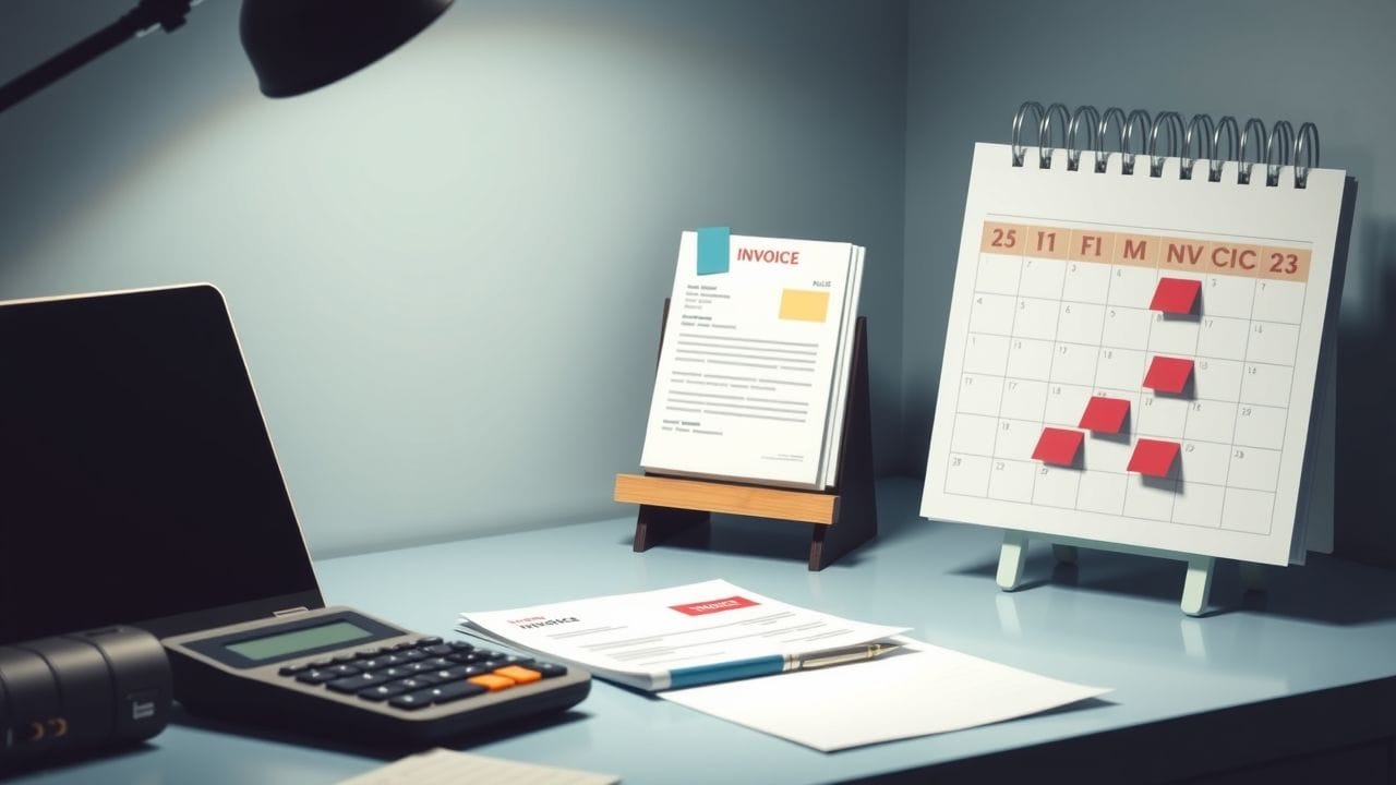 Een opgeruimd thuiskantoor met laptop, rekenmachine, facturen en kalender.