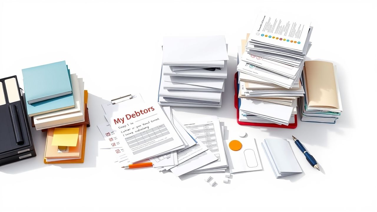 Een rommelig kantoorbureau met documenten over schuldenbeheer en tijdelijk personeel.