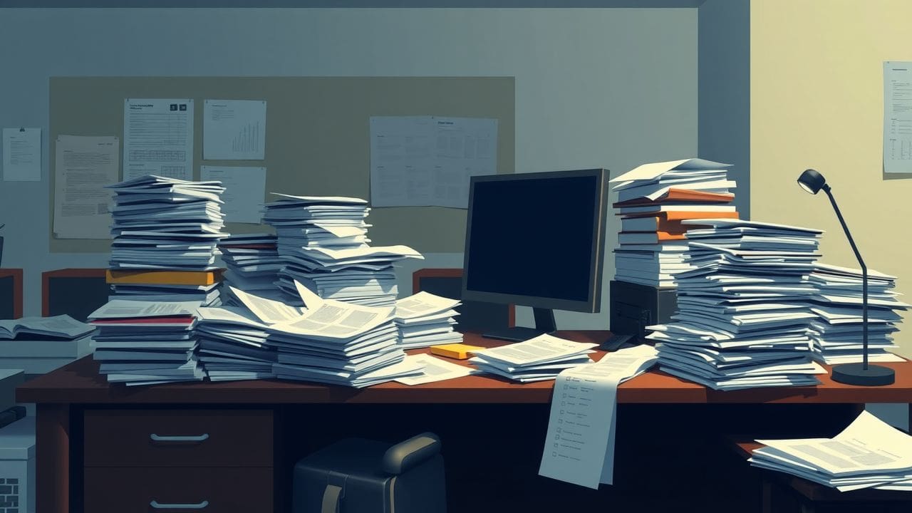Een rommelig bureau met stapels papierwerk in een kantooromgeving.