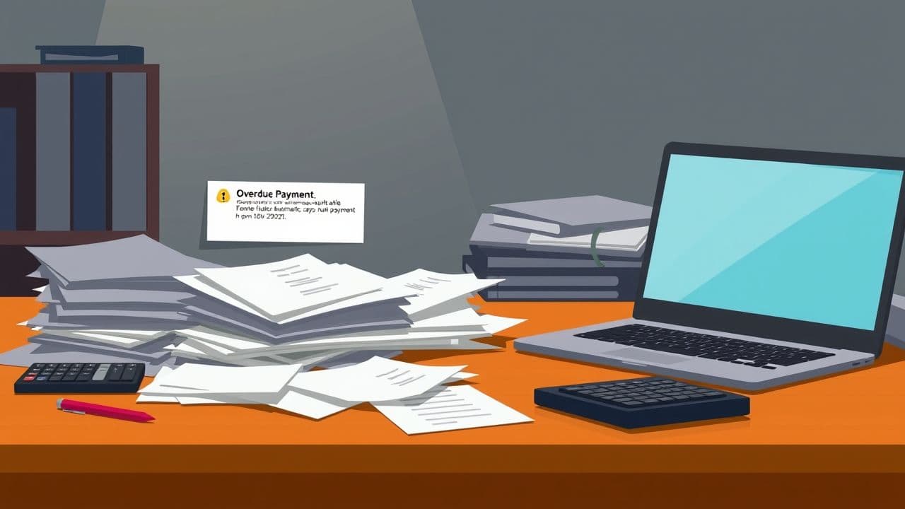 Een rommelig bureau met ongeorganiseerde financiële documenten en een herinnering voor een achterstallige betaling. Een rommelig bureau met ongeorganiseerde financiële documenten en een herinnering voor een achterstallige betaling.