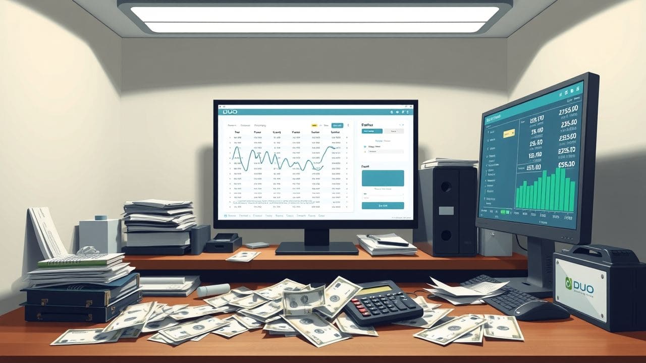 Een rommelig kantoorbureau met financiële documenten, rekenmachine en computer.
