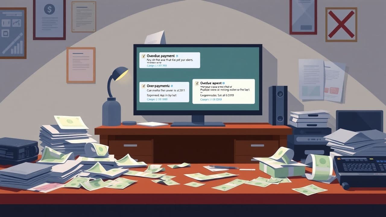 Een rommelig bureau met financiële stress en onbetaalde rekeningen.