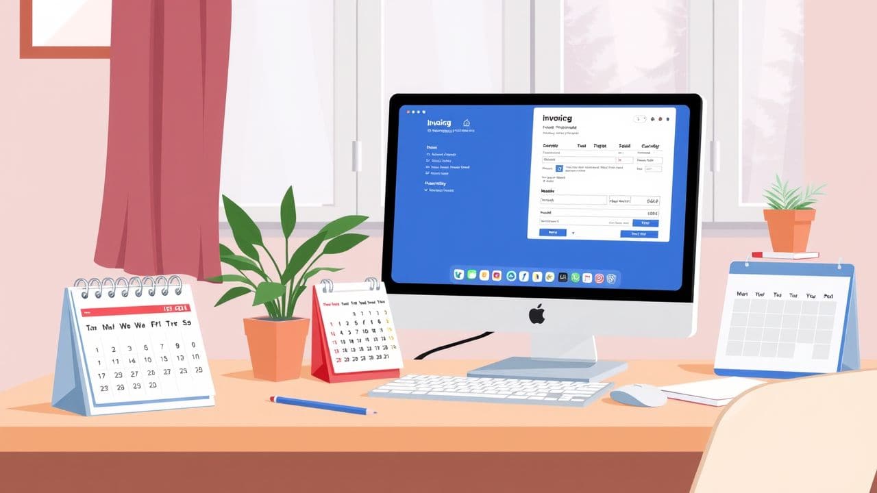 Een georganiseerde thuiskantoorruimte met een opgeruimd bureau en actief gebruikte factureringssoftware.