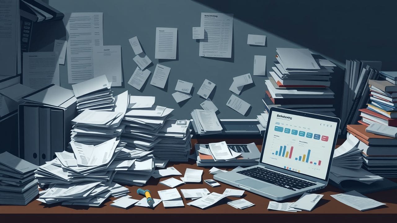 Een rommelig kantoorbureau met stapels facturen en een open laptop.