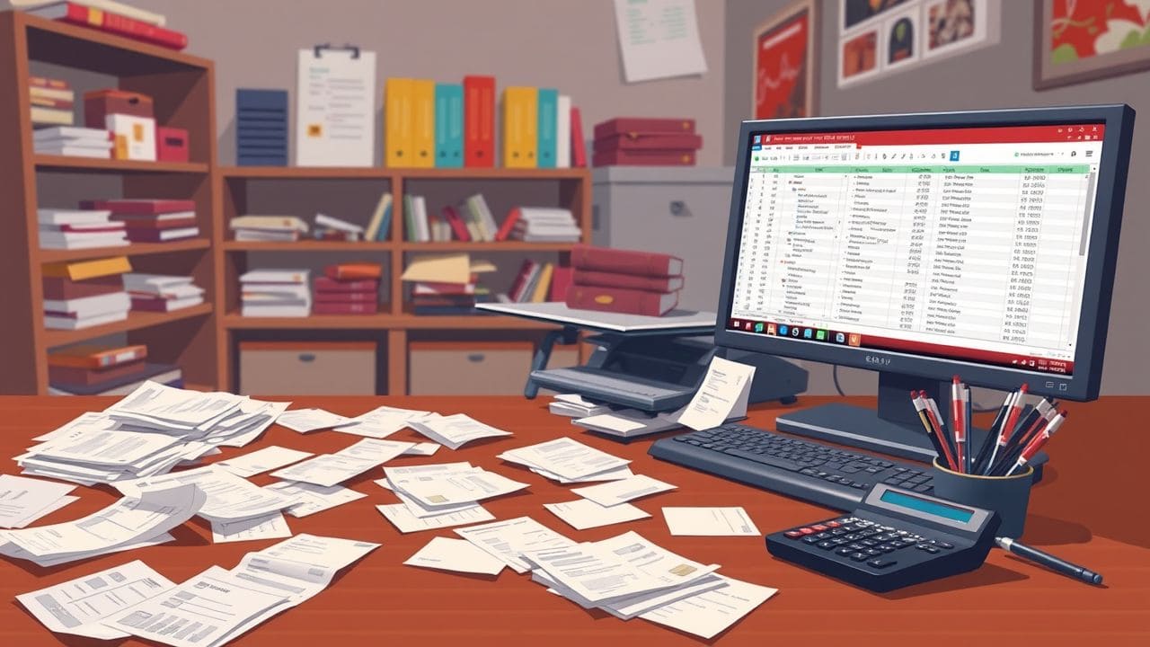 Een rommelig bureau met facturen, rekeningen en ongeorganiseerde spreadsheet.