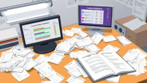 Een rommelig kantoor bureau met klanttevredenheidsformulieren en computermonitor.