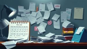 Een rommelig bureau met onbetaalde rekeningen en herinneringen.