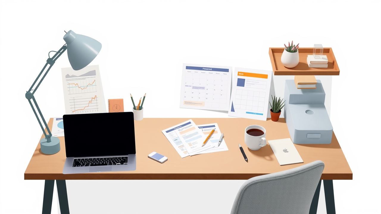 Een opgeruimd thuiskantoor met laptop, documenten en koffie.