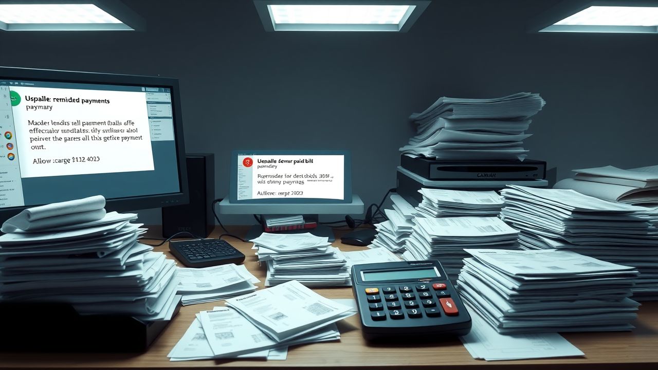 Een rommelig bureau met onbetaalde rekeningen en herinneringen voor achterstallige betalingen. Een rommelig bureau met onbetaalde rekeningen en herinneringen voor achterstallige betalingen.