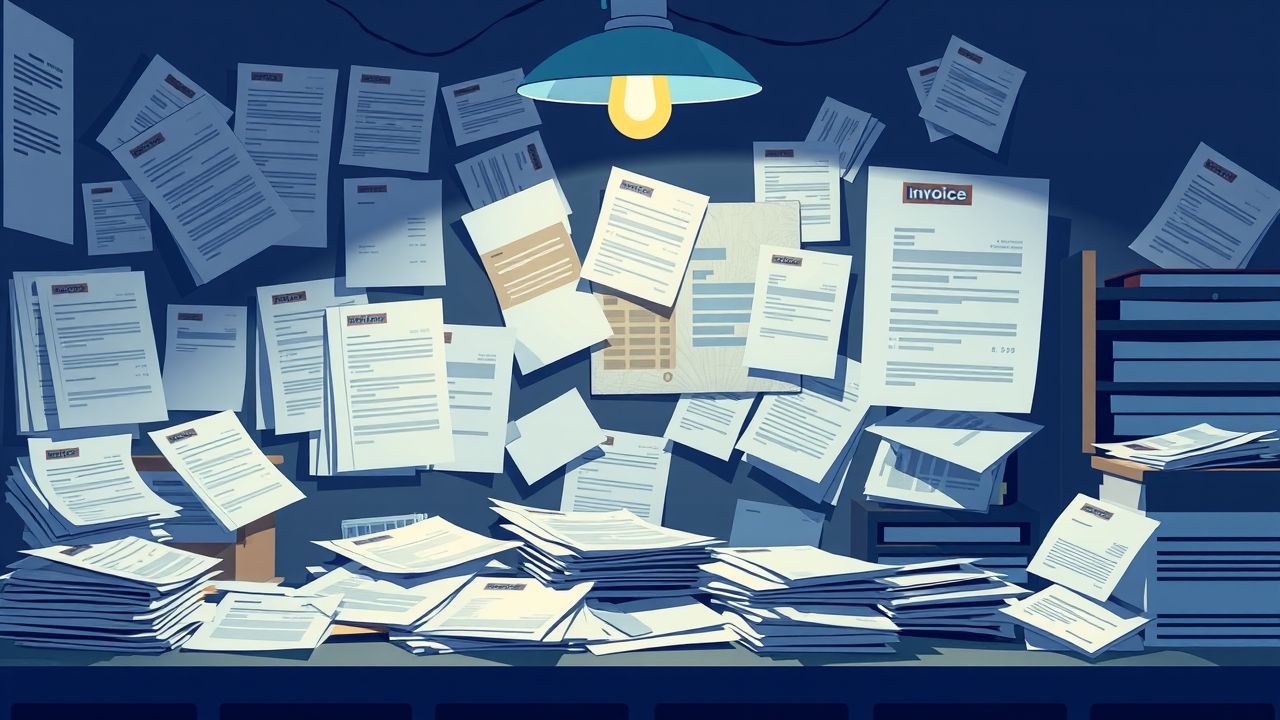 Een rommelig bureau met ongeorganiseerde financiële documenten en facturen. Een rommelig bureau met ongeorganiseerde financiële documenten en facturen.