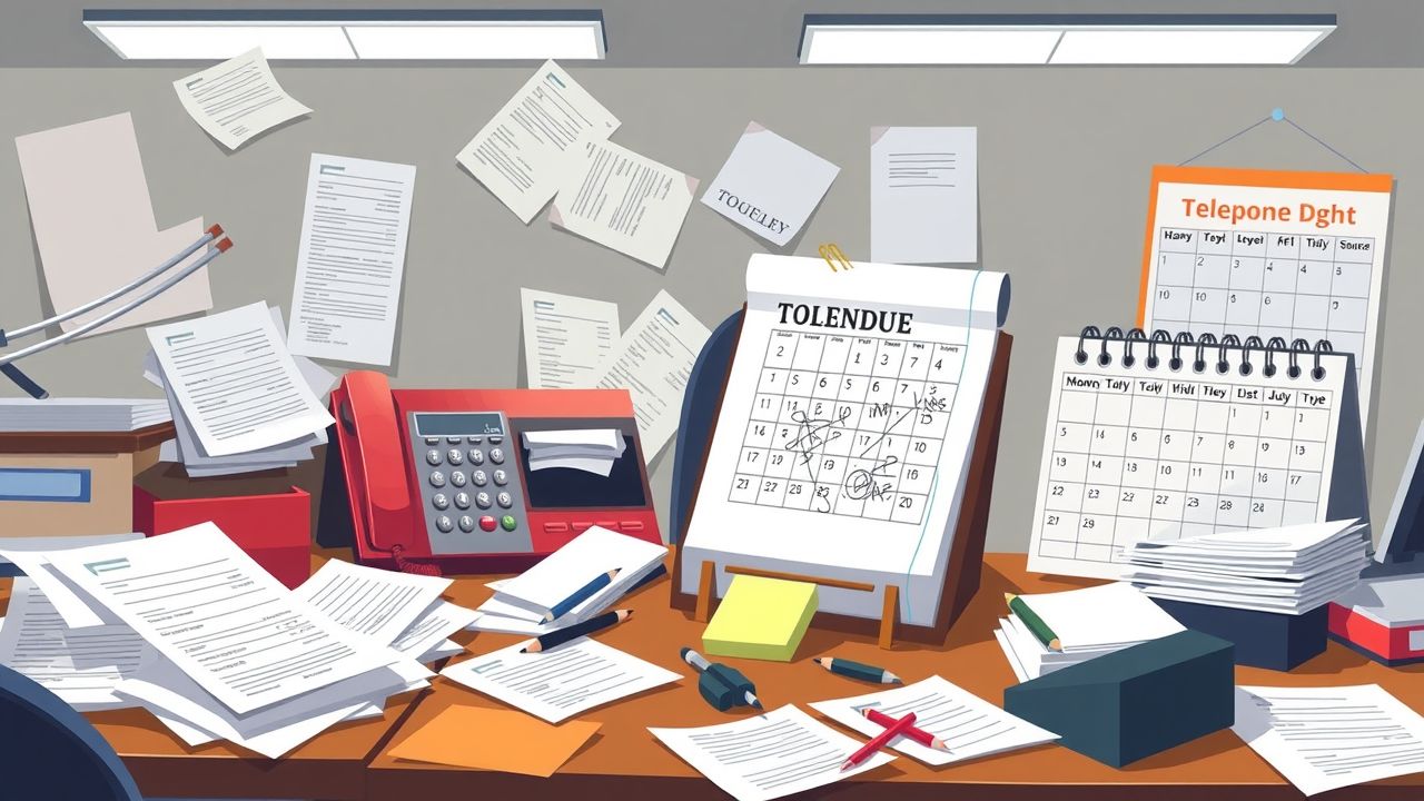 Een rommelig kantoor met overvolle facturen en belangrijke deadlines.