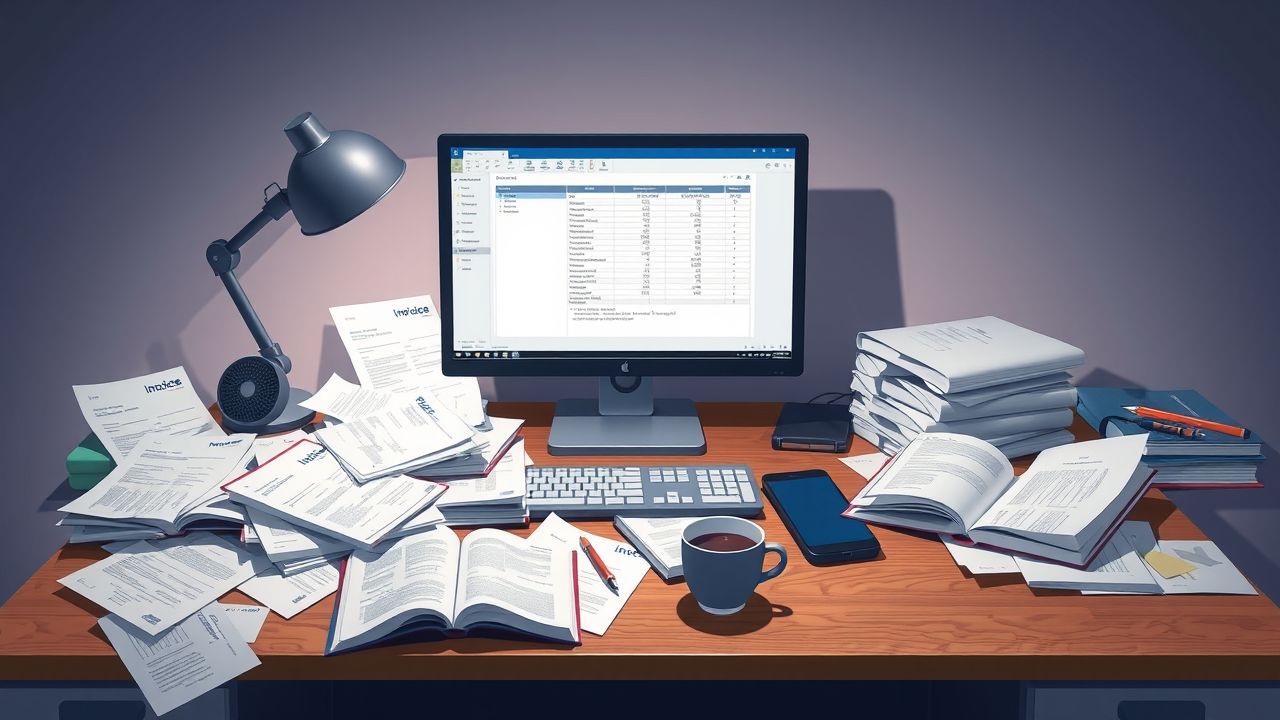 Een rommelig kantoorbureau met openstaande boeken, facturen en koffiekop.