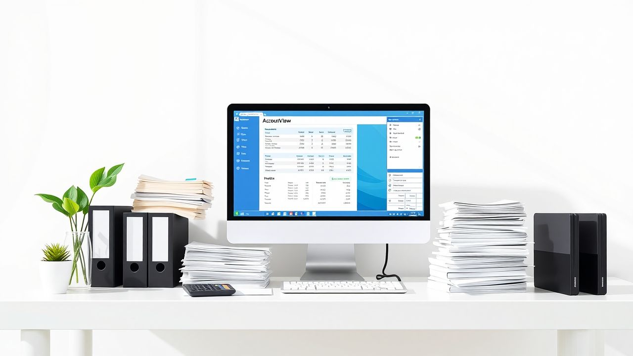 Een georganiseerd kantoor bureau met AccountView software en documenten.