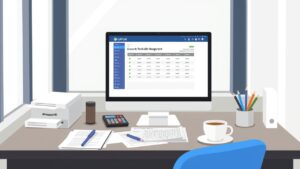 Een opgeruimd kantoorbureau met computer en administratieve taken.