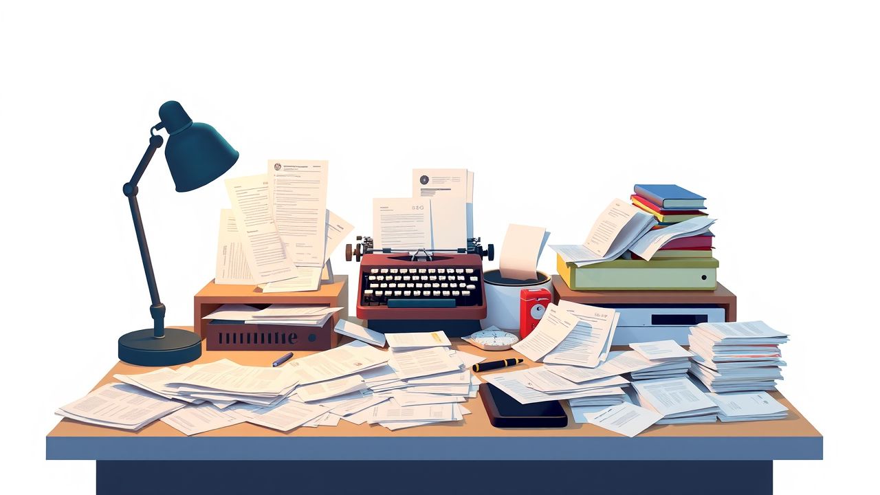 Een rommelig kantoorbureau met Mollie-app voor organisatie van financiën. Een rommelig kantoorbureau met Mollie-app voor organisatie van financiën.