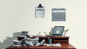 Een rommelig kantoor met onbetaalde rekeningen en financiële stress.