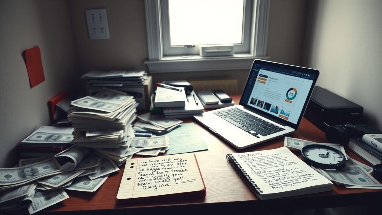 Een rommelig bureau met rekeningen, laptop en notitieblok bij Oxxio.