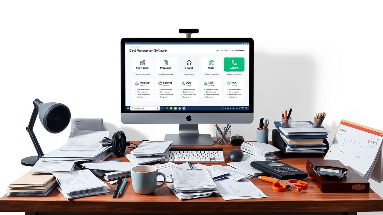 Een rommelig kantoorbureau met financiële documenten en schuldenbeheersoftware.