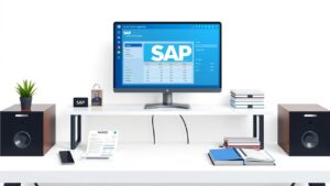 Een opgeruimd kantoorbureau met SAP-software en financiële documenten.