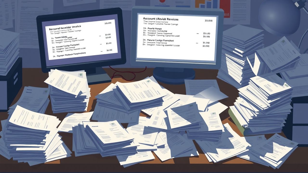 Een rommelig kantoorbureau met ongeordende facturen en herinneringen voor achterstallige betalingen op de computer.