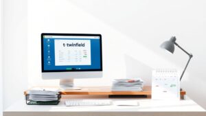 Een opgeruimd kantoorbureau met Twinfield software en georganiseerde facturen.