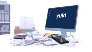 Een rommelig bureau met onbetaalde rekeningen en een computer met Yuki-platform.