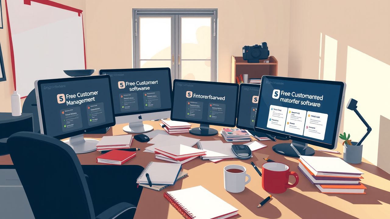 Een rommelig kantoorbureau met computerschermen en koffie.