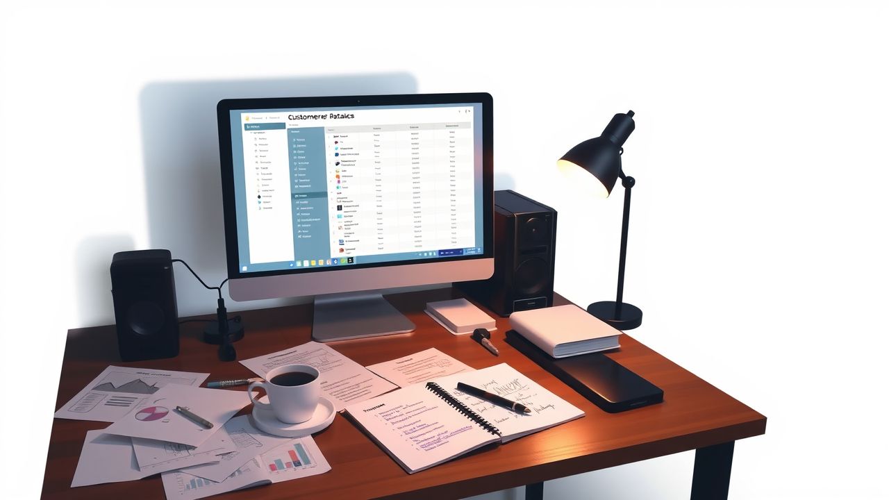 Een rommelig thuiskantoor met computer, documenten en koffiekop.