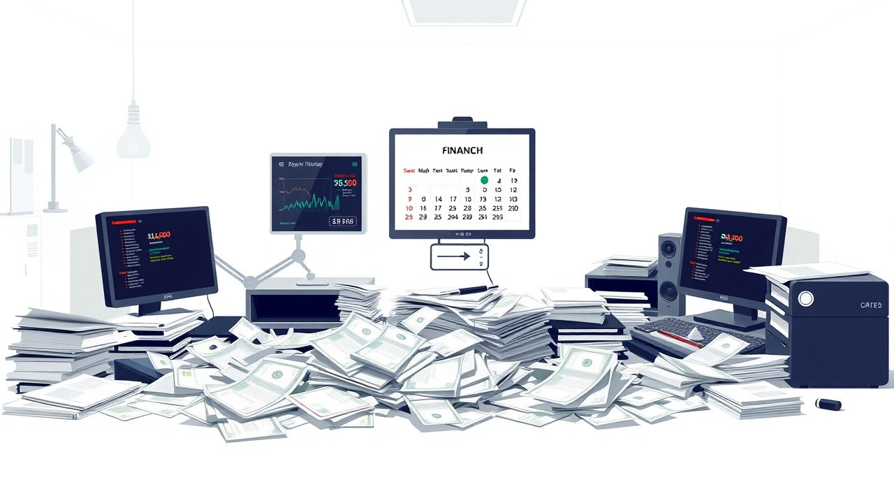 Een rommelig kantoor met stapels papierwerk en financiële informatie op het bureau.