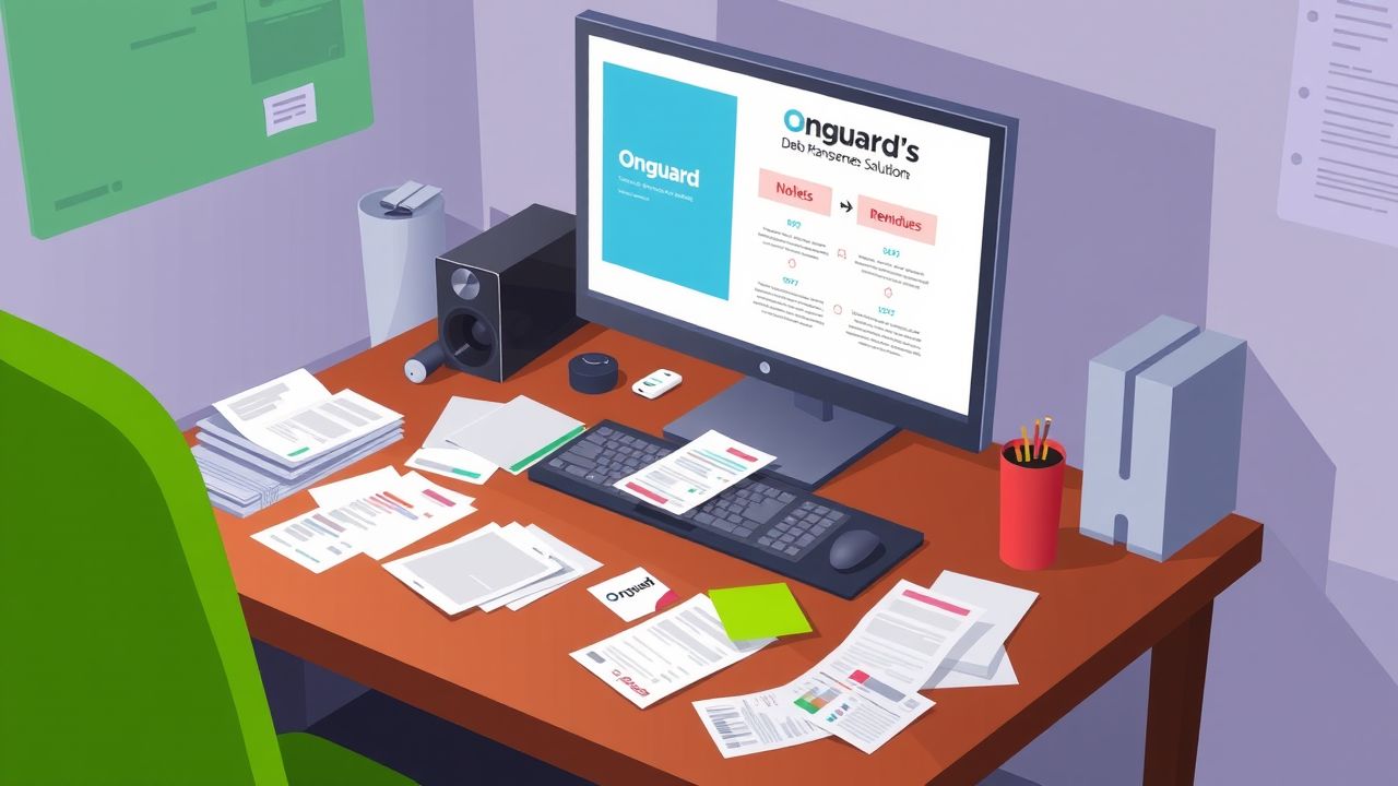 Een rommelig kantoorbureau met onbetaalde rekeningen en computer.