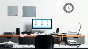 Een druk kantoorbureau met rommelig papierwerk en computer.