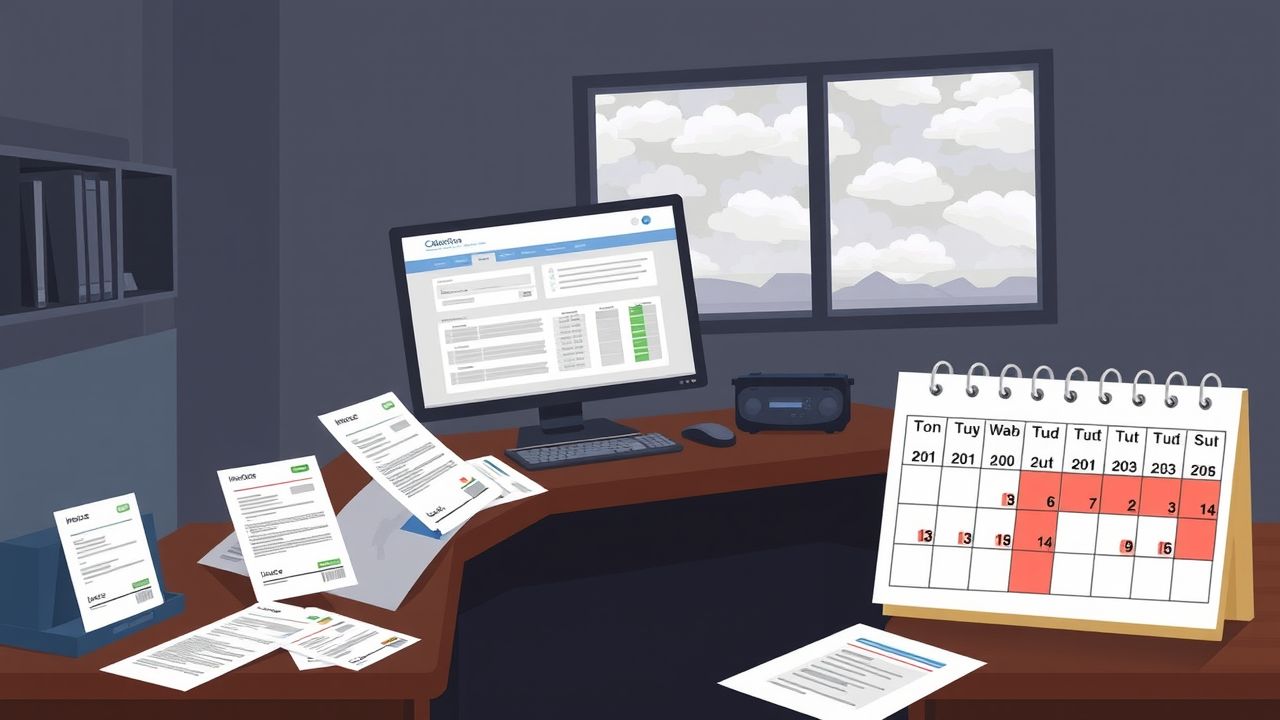 Een georganiseerd bureau met collection software, facturen en een kalender.