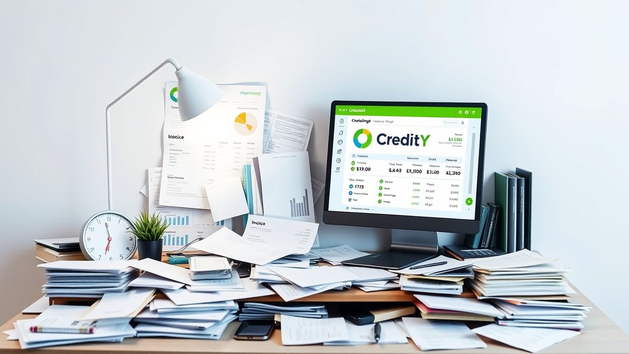 Een rommelig kantoorbureau met financiële documenten en Onguard's CreditY-software op het computerscherm.